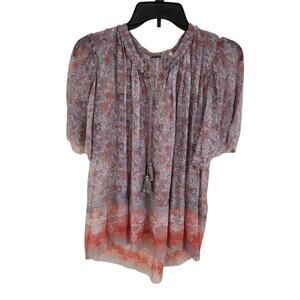 ELIE TAHARI Silk Sheer Blouse Top Floral Boho Tunic Short Sleeve Tassels XS